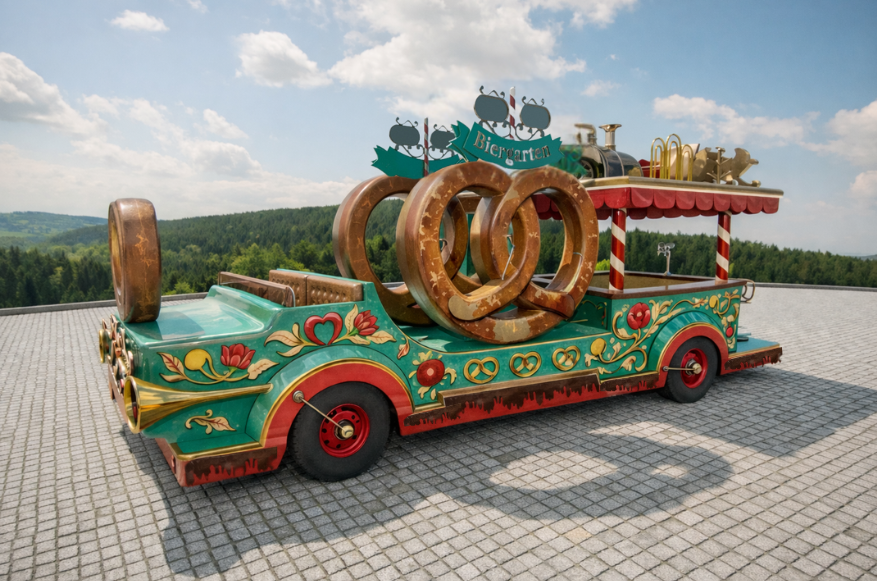 Carro alegórico Bretzelwagen: pintura Bauernmalerei verde e vermelha com pretzels dourados gigantes