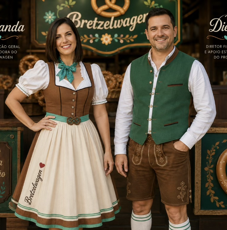 Casal com os trajes oficiais do Bretzelwagen: dirndl e lederhosen